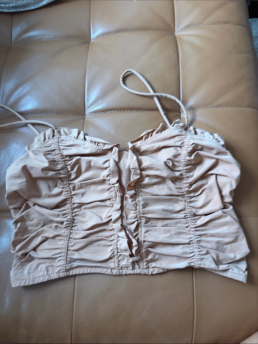 Zara Beige Ruched Crop Top with Adjustable Straps